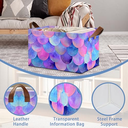 Glitter Fish Scales Storage Baskets,Mermaids Foldable Organizer Bin with Handles for Home Living Room Bedroom Closet Box 17x11.5x10Inch - color: Glitter Fish Scales Mermaids
