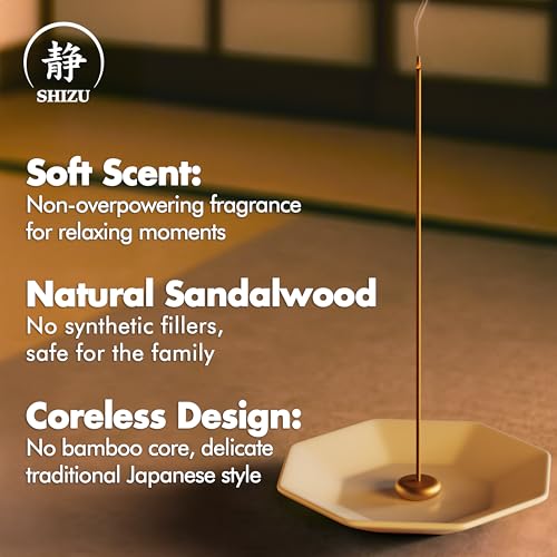 Shizu Sandalwood Incense Sticks – Artisanal Temple Grade Japanese Incense with Brass Holder – Calming Scent for Relaxation, Meditation & Home Spa, Elegant Gift Set (60 Sticks)