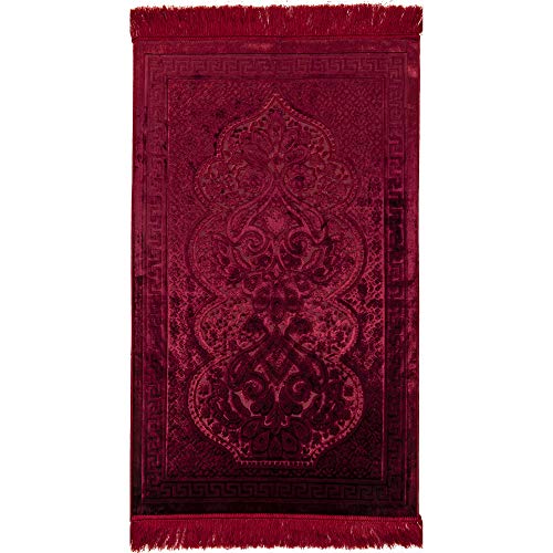 Modefa Luxury Velvet Prayer Rug with Prayer Beads | Soft Elegant Muslim Turkish Janamaz Sajada Carpet for Men and Women | Plain Solid Prayer Mat Ramadan Eid Gift - Paisley (Red) - color: Red