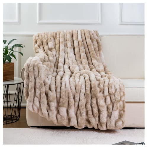 BATTILO HOME Ruched Luxurious Soft Beige Faux Fur Throw Blanket Fuzzy Plush Elegant with Reversible Mink Blanket for Sofa,Chair, Couch, Living Room, Home Decorative Blanket Tie dye (Beige, 50"x60") - color: Beige, size: 50"x60"