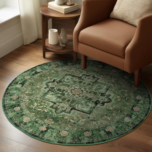 Green Small Round Washable Rug 4ft for Entryway Low Pile, Kitchen Bathroom Circle Rug 4 Feet Non Slip Low Pile, Vintage Medallion 4 Foot Round Area Rug for Small Living Room/Dining Room/Bedroom - color: Medallion-green, size: 4' (Round)