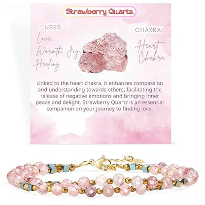 Farfume Beaded Bracelets for Women, Chakra Crystal 4mm Beads Gemstone Natural Stone Bead Spiritual Jewelry Gifts for Women - color: Strawberry Quartz-Love & Warmth