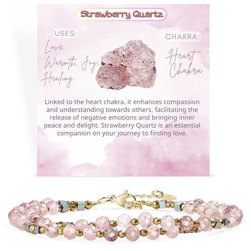Farfume Beaded Bracelets for Women, Chakra Crystal 4mm Beads Gemstone Natural Stone Bead Spiritual Jewelry Gifts for Women - color: Strawberry Quartz-Love & Warmth