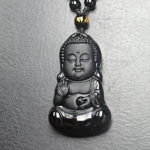 Natural black obsidian rainbow obisidan ice obsidian Maitreya launghing buddha necklace Amulet pendant bead chain - color: black obsidian baby buddha