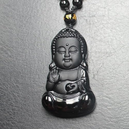 Natural black obsidian rainbow obisidan ice obsidian Maitreya launghing buddha necklace Amulet pendant bead chain - color: black obsidian baby buddha