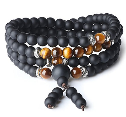 AmorWing 108 Mala Beads Brown Tiger Eye Matte Onyx Semi Precious Stone Bracelet Necklace