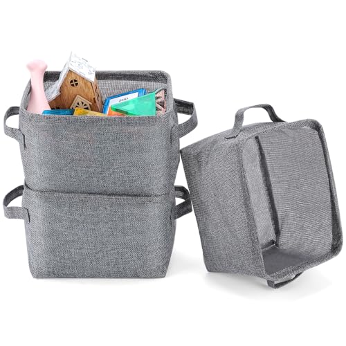 Small Storage Basket Bins Canvas Mini Storage Cubes Storage Basket for Makeup, Baby Toys Liners, Books Nursery Storage Baskets with Handles for Shelves & Desks (3 Jute Gray)