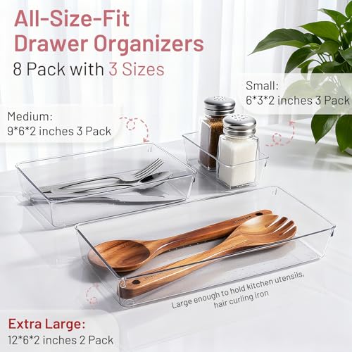8 Pack Large Clear Plastic Drawer Organizer Bins - Acrylic Bathroom Drawer Organizer Trays - Heavy Duty Kitchen Drawer Dividers for Utensils - Non-Slip Storage Bins for Makeup, Bedroom, Office Desk - size: 8 Pack
