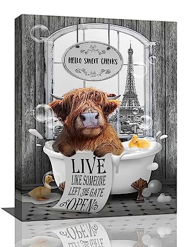 yerretin Funny Highland Cow Bathroom Wall Art Cow in Bathtub Pictures Wall Decor Hello Sweet Canvas Painting Modern Artwork Bathroom Decorations Framed Ready to Hang 12"x16" - color: Highland Cow Bathtub, size: 16"L x 12"W