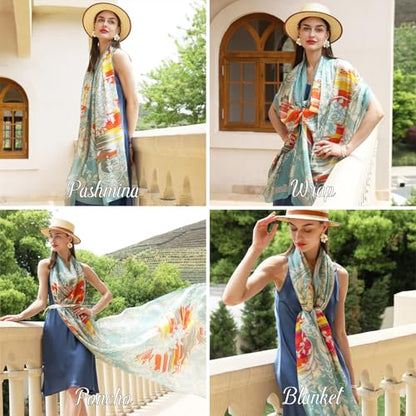 100% Mulberry Extra Large Silk Pashmina Scarf Shawls And Wraps For Women Evening Dress Summer Travel Floral Blanket - color: Light Blue Feather Grace