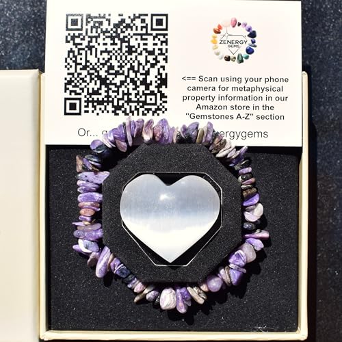 Zenergy Gems Charged Premium Natural Crystal Chip Bead Bracelet + Moroccan Selenite Charging Crystal [Included] - color: Charoite