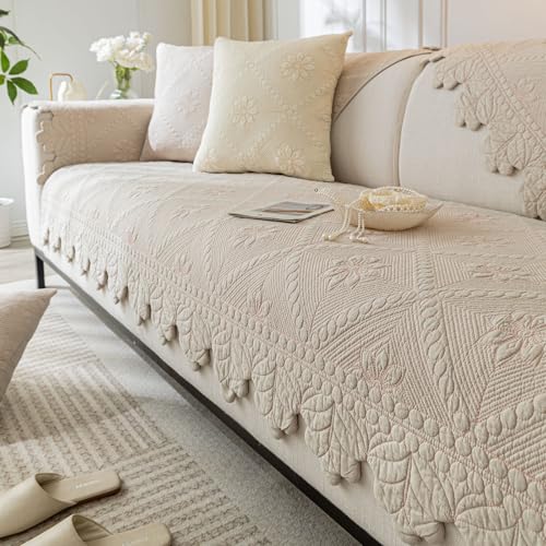 Cotton Quilted Dog Couch Cover for Sofa Farmhouse Rustic Embroidery Sectional Couch Cover Soft Anti-Slip Sofa Slipcover Furniture Protector for Kids, Pets (Khaki,28"x35") - color: Khaki, size: 28"x35"/Armrest or Backrest Cover