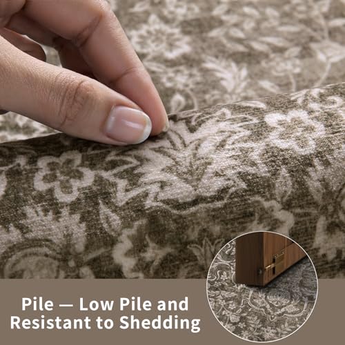 3x5 Washable Brown Rug Boho Floral Non-Slip Bedroom Rugs for Entryway Throw Rug Soft Low-Pile Indoor Floor Carpet for Living Room Laundry Foyer Decor