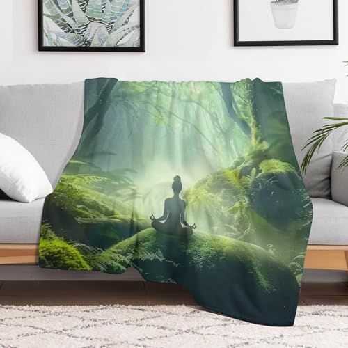 Woman Meditation Jungle Green Ultra Soft Flannel Fleece Bed Blankets Lightweight Cozy Throw Blanket Room Decor for Couch Chair Bedroom Adults Bedding Cozy Blanket Outdoor Travel Blankets 50"x6 - size: 60L" x 50W"