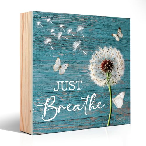Just Breathe Matters Wooden Sign Desk Decor, Funny Dandelion Wood Box Sign Décor for Home Office Farmhouse Bedroom, Yoga Spa Room Decor, Inspirational Gifts for Women Coworker Friend - style: Art Deco
