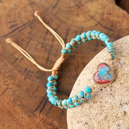 Women Boho Wrap Bracelet,Handmade Natural Stone Crystal Emperor Beads Heart Bracelet, Fashion Bohemian Jewelry Gift for Women - color: Blue #2