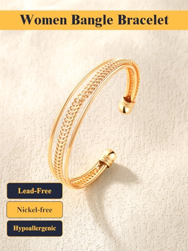 U7 Unisex Simple Cuff Bracelet 18K Real Gold Platinum Plated Fine Bracelets Fashion Jewelry Open Bangle Cuff Bracelets, Twisted or Heart Style - color: G.Elegant Cuff-Gold