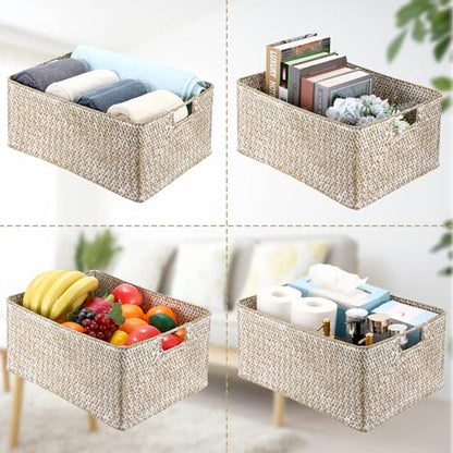Hipiwe Seagrass Storage Basket Bin Rectangular Handwoven Wicker Storage Box with Handle Opened Baskets Box for Shelf Organizing Closet Bathroom, 15.7" L x 11.8" W x 7.5" H