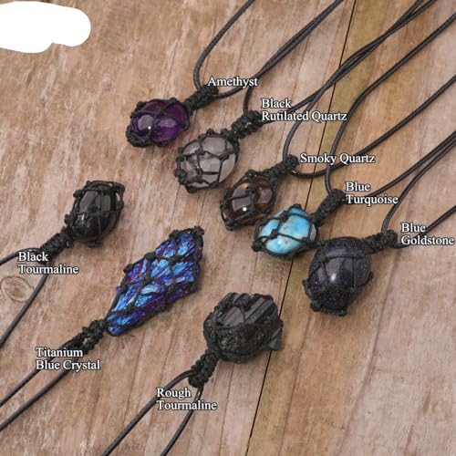 Crystal Tumbled Stone Pendant Necklace for Women Knotted Net Bag Leather Necklace Yoga Meditation Jewelry Gifts - color: Amethyst