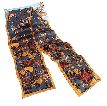 ANDANTINO 100% Silk Scarf for Women 59”*6.3” Long Shawls for Headscarf and Neck- Oblong Hair Wraps with Gift Packed - color: Navy-flower&birds