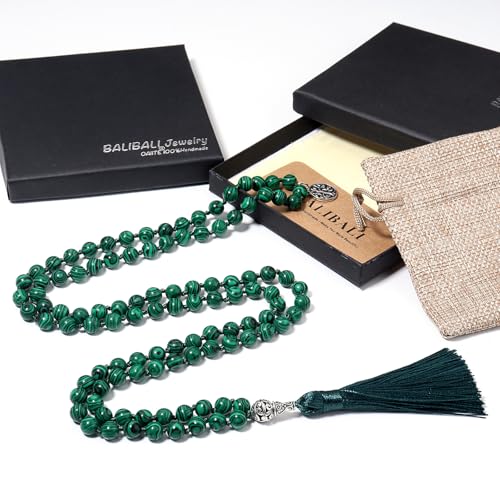 108 Mala Beads Necklace Semi-Precious Gem Stones Meditation Necklace 108 Hand Knotted Japa Mala Beaded Tassel Necklace with Tree of Life Pendant - color: Green Peafowl