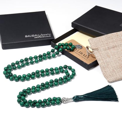 108 Mala Beads Necklace Semi-Precious Gem Stones Meditation Necklace 108 Hand Knotted Japa Mala Beaded Tassel Necklace with Tree of Life Pendant - color: Green Peafowl