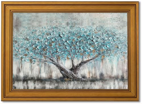Vintage Gold Framed Tree of Life Canvas Wall Art, Abstract Teal Tree Poster Print Artwork, Neutral Tranquil Painting Picture Wall Decor, for Living Room, Yoga Room, Hotel, Bedroom, Home Decoration, 9x11in - color: teal tree of life, size: 11"L x 9"W