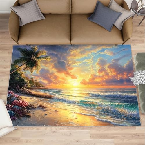 Beach Rug 4x6, Scenery Rugs for Bedroom, Oil Painting Beach Washable Rugs for Living Room, Non Slip Area Rug, Housewarming Gifts & Indoor Floor Mats - color: Beach, size: 4'x6' /48"x72"