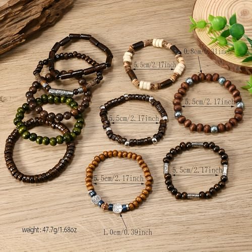 Handcrafted Wooden Bead Bracelets, Multi-Style Set with Tree of Life Charms, Brown and Green Tones