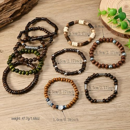 Handcrafted Wooden Bead Bracelets, Multi-Style Set with Tree of Life Charms, Brown and Green Tones
