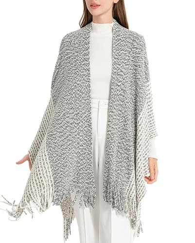 ZLYC Women's Shawl Golden Trim Knit Blanket Wrap Fringe Poncho Coat Cardigan - color: Chenille Mixed Black