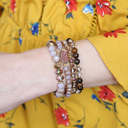 RIAH FASHION Bohemian Acrylic Druzy Multi-Layer Bead Statement Bracelet - Versatile Faux Stone Pendant Stretch Strand Stackable Cuff Bangle Set Sparkly Crystal - color: Oval Acrylic Druzy - Purple