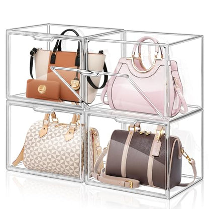 4 Packs Clear Handbag Storage Organizer for Closet, Acrylic Display Case for Purse Handbag, Stackable Purse Organizer Storage Box with Magnetic Door for Wallet Book Toys Collectibles