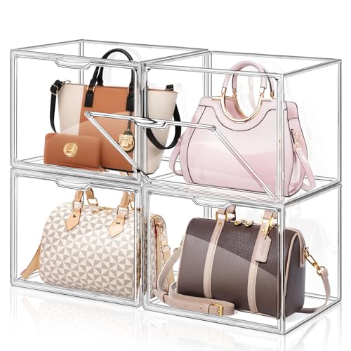 4 Packs Clear Handbag Storage Organizer for Closet, Acrylic Display Case for Purse Handbag, Stackable Purse Organizer Storage Box with Magnetic Door for Wallet Book Toys Collectibles