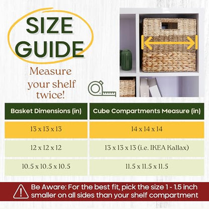 13x13x13 Storage Cube Bins Wicker Storage Basket for Cube Shelf, Natural Foldable Square Baskets for Storage, Large Woven Cube Storage Bin with Handle, Baskets for Pantry, Bedroom Set of 4