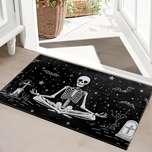 Skeleton Meditation Indoor Door Mat, Skull Bat and Starry Night Front Doormats, Gothic Entryway Area Rug 17x29.5 Inch Soft Non Woven Floor Mats for Porch Kitchen Bathroom Decor Gifts