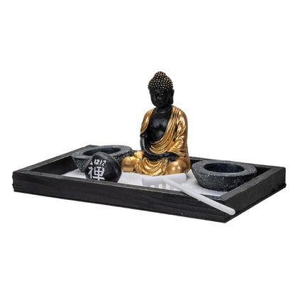 Summit Collection Gifts Meditation Zen Garden Set with Black and Gold Buddha Figurine Two Tea Light Candle Holders White Sand Decorative Wood Display Tray Decor 9" x 5"