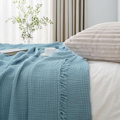 Esterra Muslin Throw Blanket 50x65 Inches Cozy Soft Lightweight Pre-Washed Cotton Blanket, All Season Breathable 4-Layer Gauze Blanket Throw for Sofa Couch Bed, Sky Blue - color: 09 - Sky Blue, size: Throw (50"x65")
