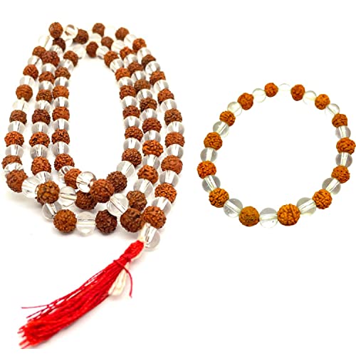 Naisha Rudraksha & Crystal Sphatik Beads Bracelet & 108 Beads Knotted Mala Natural Himalaya 5 face Rudraksh Seed, Rosary Crystal, Wrist Mala Wrap, Bracelet Bead Size 7 mm (Pack of 2)