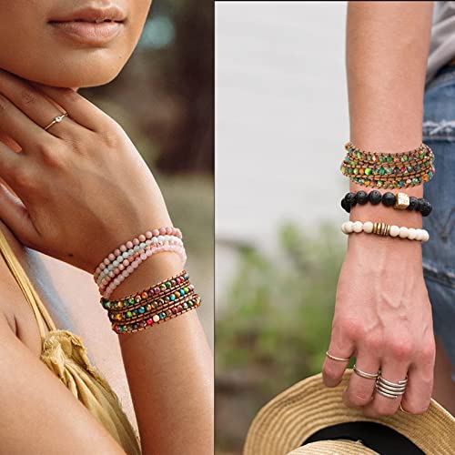 Women Boho Handmade Natural Stone Crystal Leather Bead Wrap Bracelets Collection - style: Colorful Jasper 3w