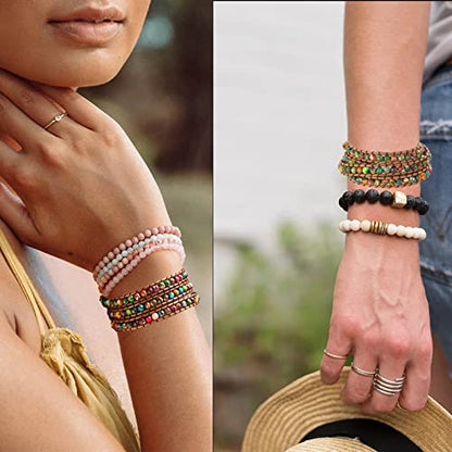 Women Boho Handmade Natural Stone Crystal Leather Bead Wrap Bracelets Collection - style: Colorful Jasper 3w