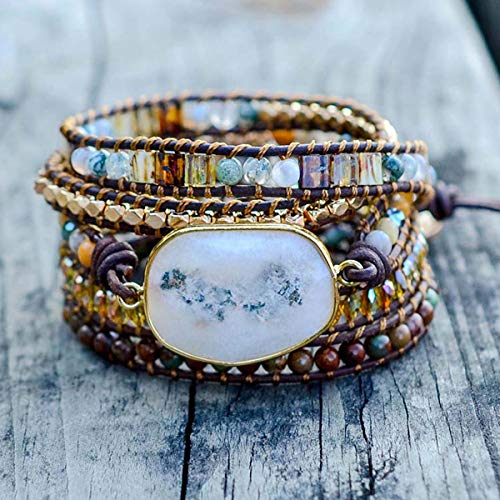 Boho Wrap Bracelet for Women, Handmade Natural Imperial Jasper Multi-Layer Stone Beaded Bracelet, Bohemian Healing Crystal Stone Jewelry Gifts - color: White Opal