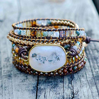 Boho Wrap Bracelet for Women, Handmade Natural Imperial Jasper Multi-Layer Stone Beaded Bracelet, Bohemian Healing Crystal Stone Jewelry Gifts - color: White Opal