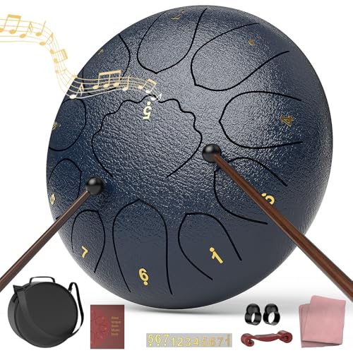 Rain Drum for Outside Garden, 8 Inches 11 Notes Steel Tongue Drum, Waterproof Meditation Rain Chime, Musical Instruments for Adult Gift with Bag, Music Book, Mallets (Navy Blue) - color: Navy Blue, size: 8 Inches