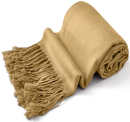 CJ Apparel Solid Color Tassels Design Nepalese Shawl Scarf Wrap Stole Throw Head Wrap Pashmina Gift Hand Made in Nepal New - color: Rich Cream Mix