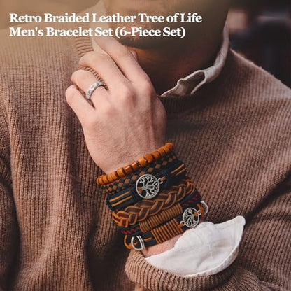 6Pcs Braided Bracelets for Men Women Wrap Wood Beads Cuff Handmade Wrap Wristband Bracelets Set Adjustable