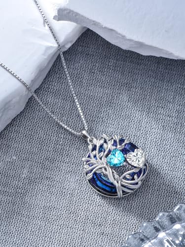 TOUPOP s925 Sterling Silver Family Celtic Tree of Life Pendant Necklaces with 2 Heart Birthstone with Blue Austrian Crystal Jewelry Birthday Valentines Day Gifts for Her, Anniversary Christmas Gifts for Wife Girlfriend Mom (18K Real White Gold Filled) - c