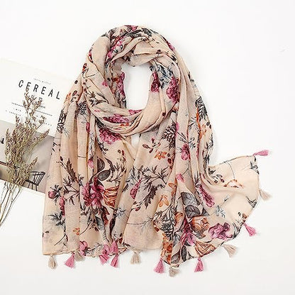 YOUR SMILE Large Boho Scarf for Women Lightweight Floral Printed Scarves Fall Winter Fashion Fringed Shawl wraps - color: 14 Beige Flower