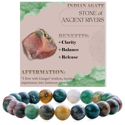 Bivei 8mm Beaded Bracelets for Women Handmade Semi Precious Natural Stone Stretch Elastic Jewelry Yoga Protection Gifts - color: Indian Agate-Ancient Calm, size: Medium 6.8-7.3 inch