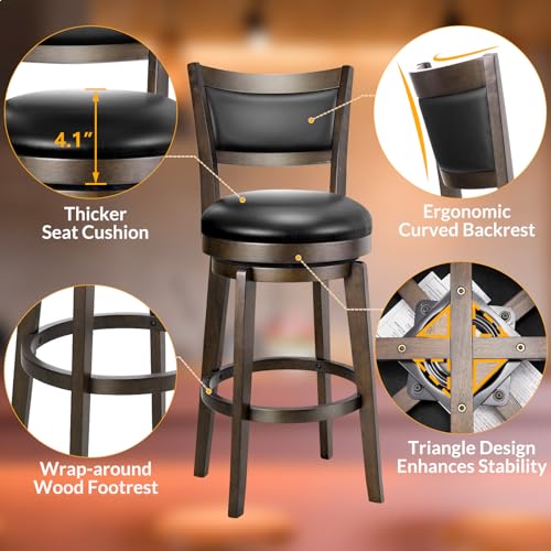 PrimeZone Swivel Bar Stools Set of 2, 26 Inch Counter Height Barstools, Black Faux Leather Bar Stool with High Backrest & Solid Wood Legs & Wrap-around Footrest, Counter Stools for Kitchen Island, Pub - size: 26" Counter Height